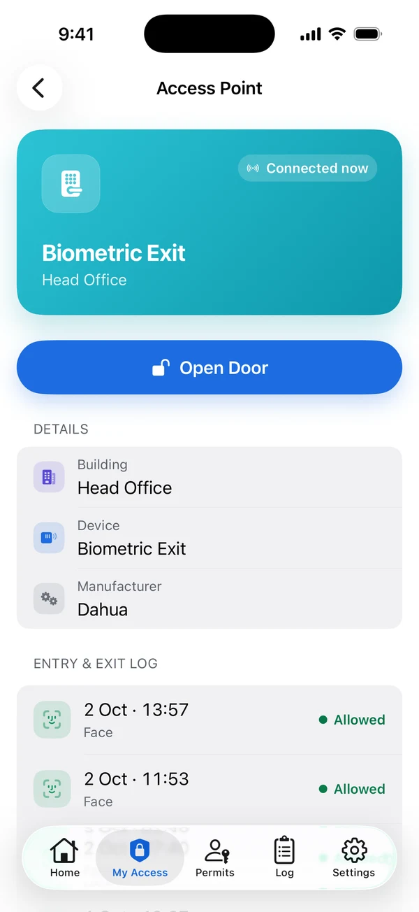 An access point in the app with the Open Door button and recent entries.