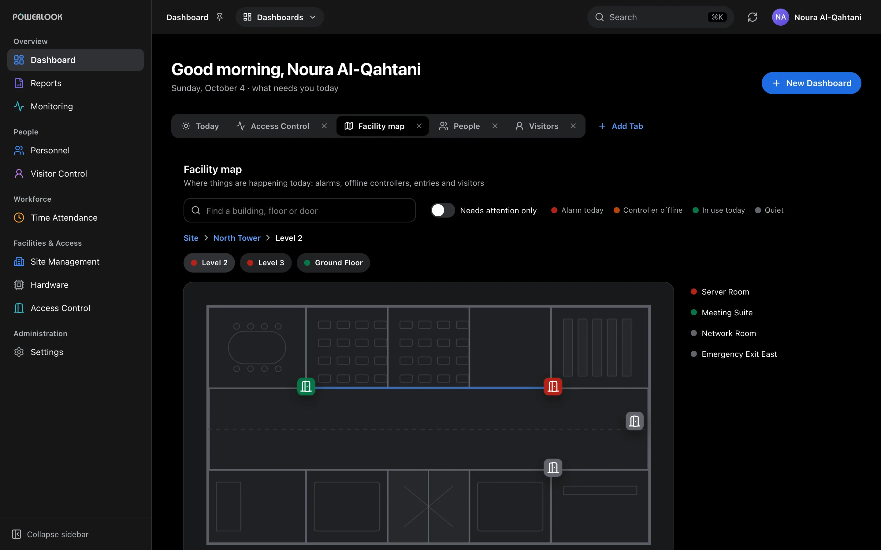 Facility map: Move from site, to building, to floor, to individual door. See alarms, disconnected controllers and other events in their physical context.