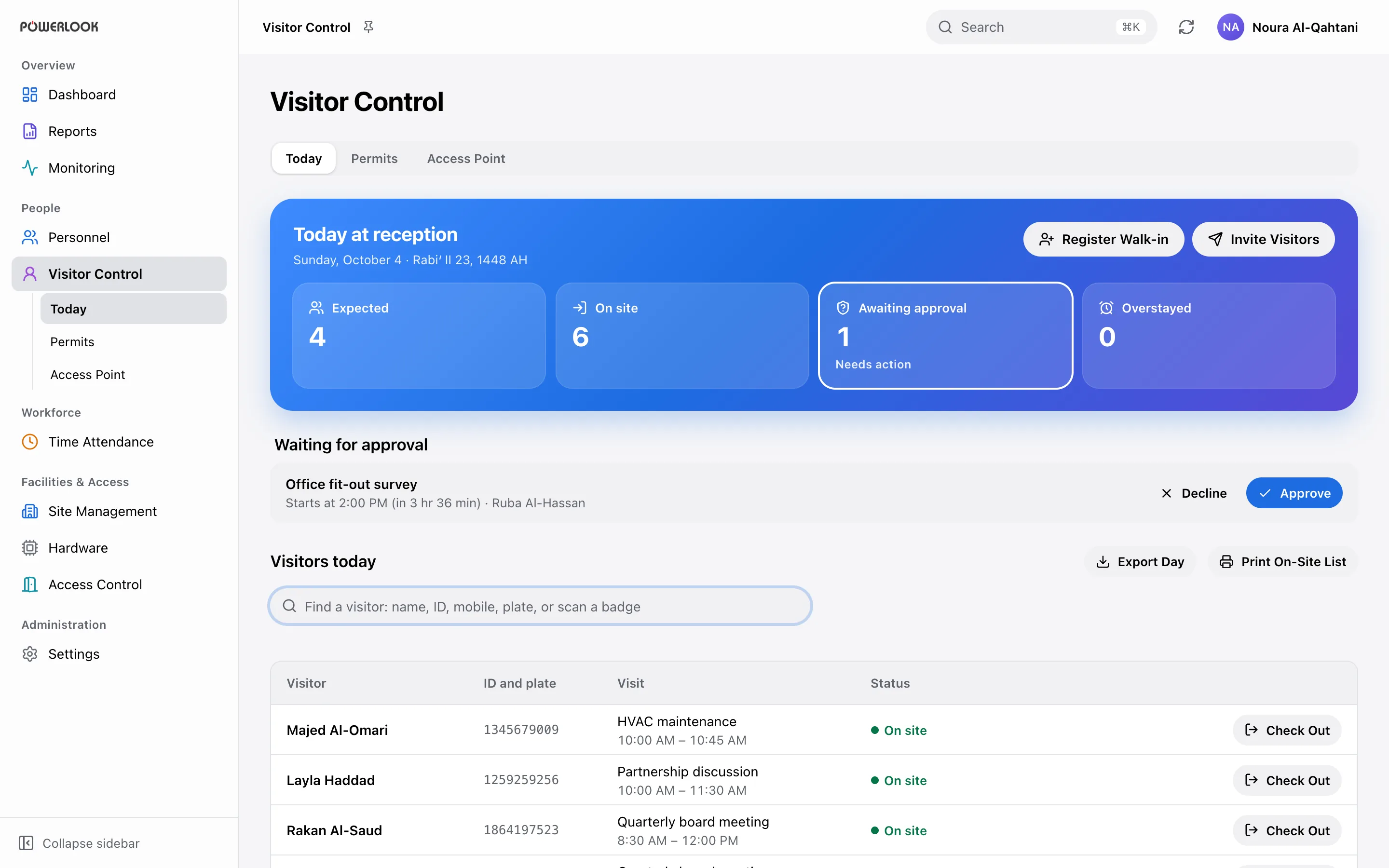 Visitors: From pre-approved guests to walk-ins, POWERLOOK gives reception one view of who is expected, who has arrived, who is waiting and who has overstayed.