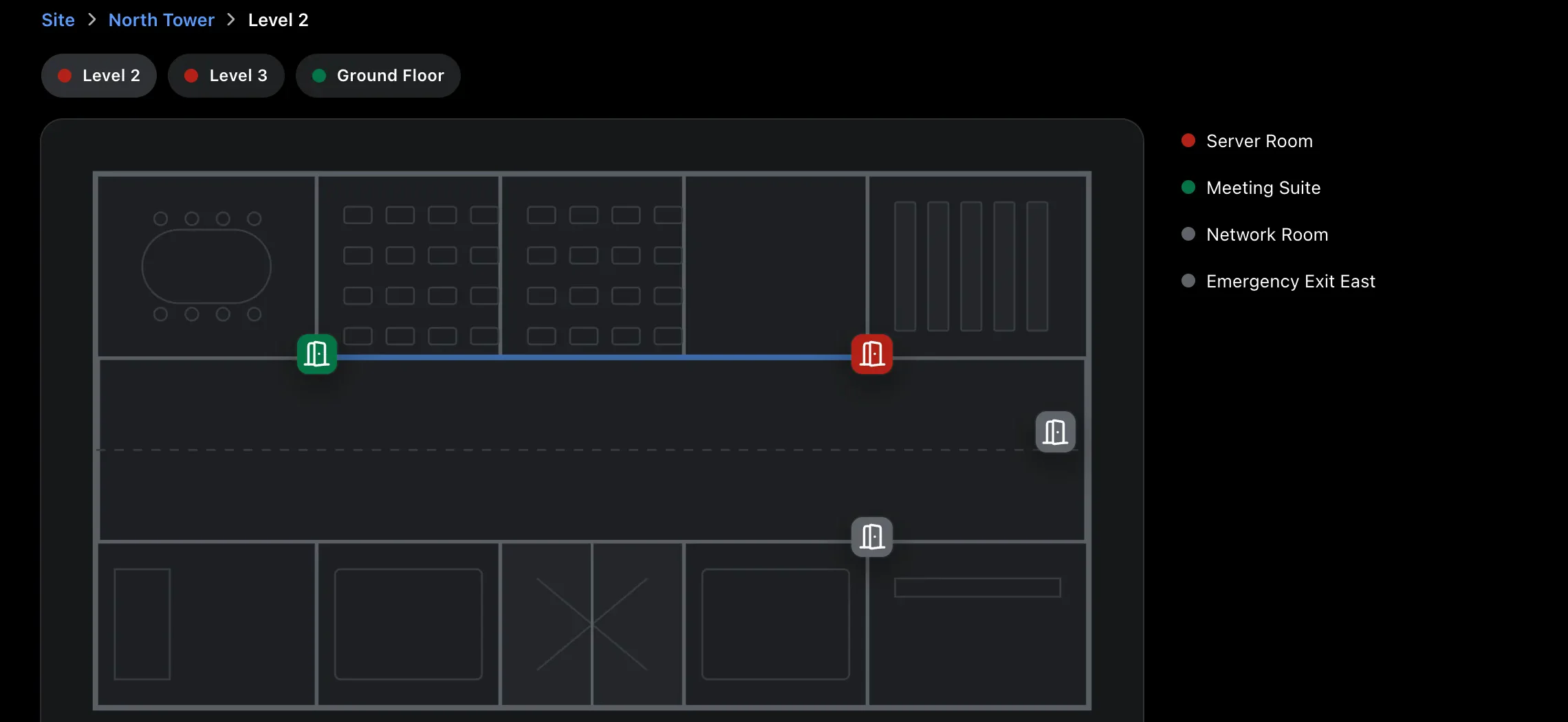 A floor plan with doors marked by today's status.