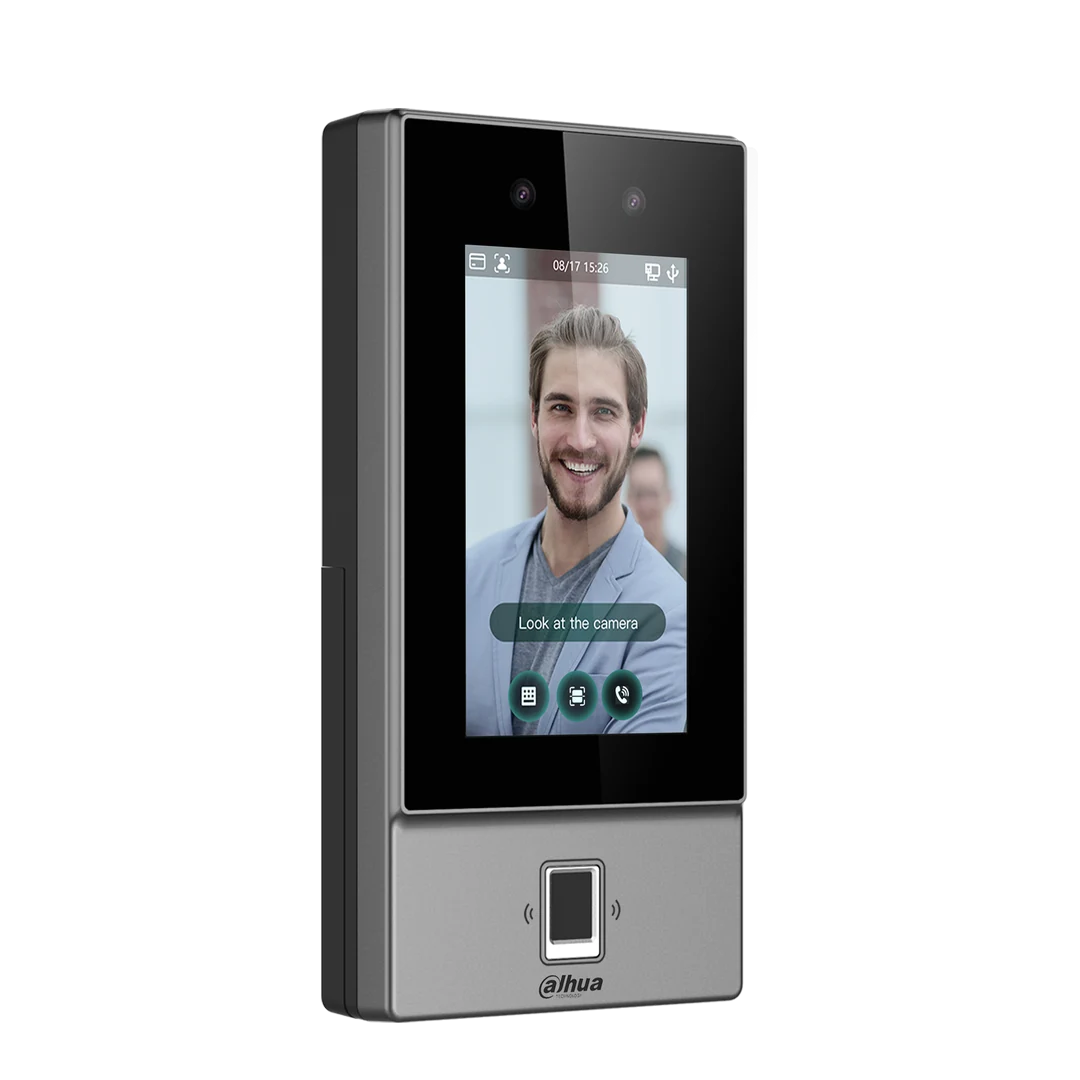 The Dahua DHI-ASI6214S-PW face recognition reader, with a touchscreen and fingerprint sensor.
