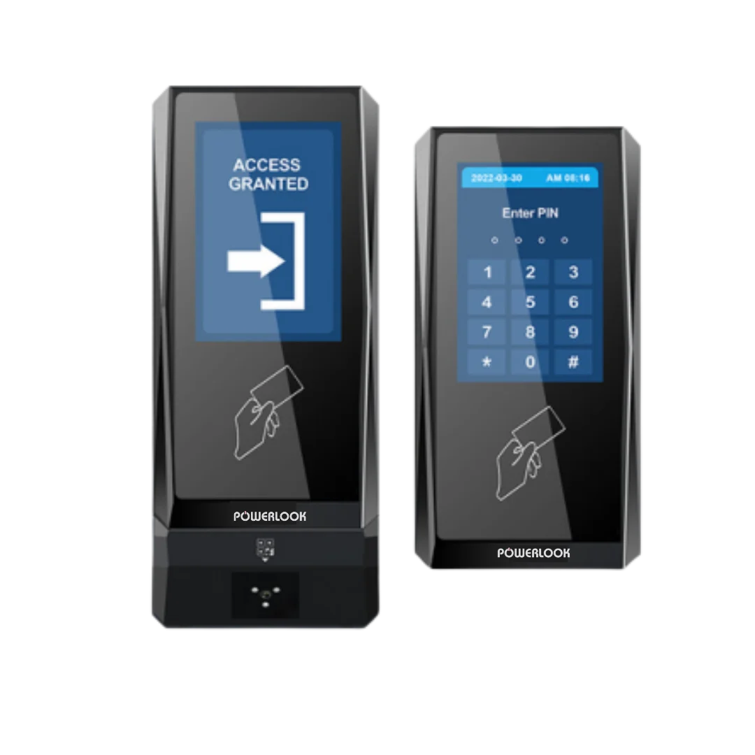 Two PL9 readers: one showing Access Granted, one asking for a PIN.